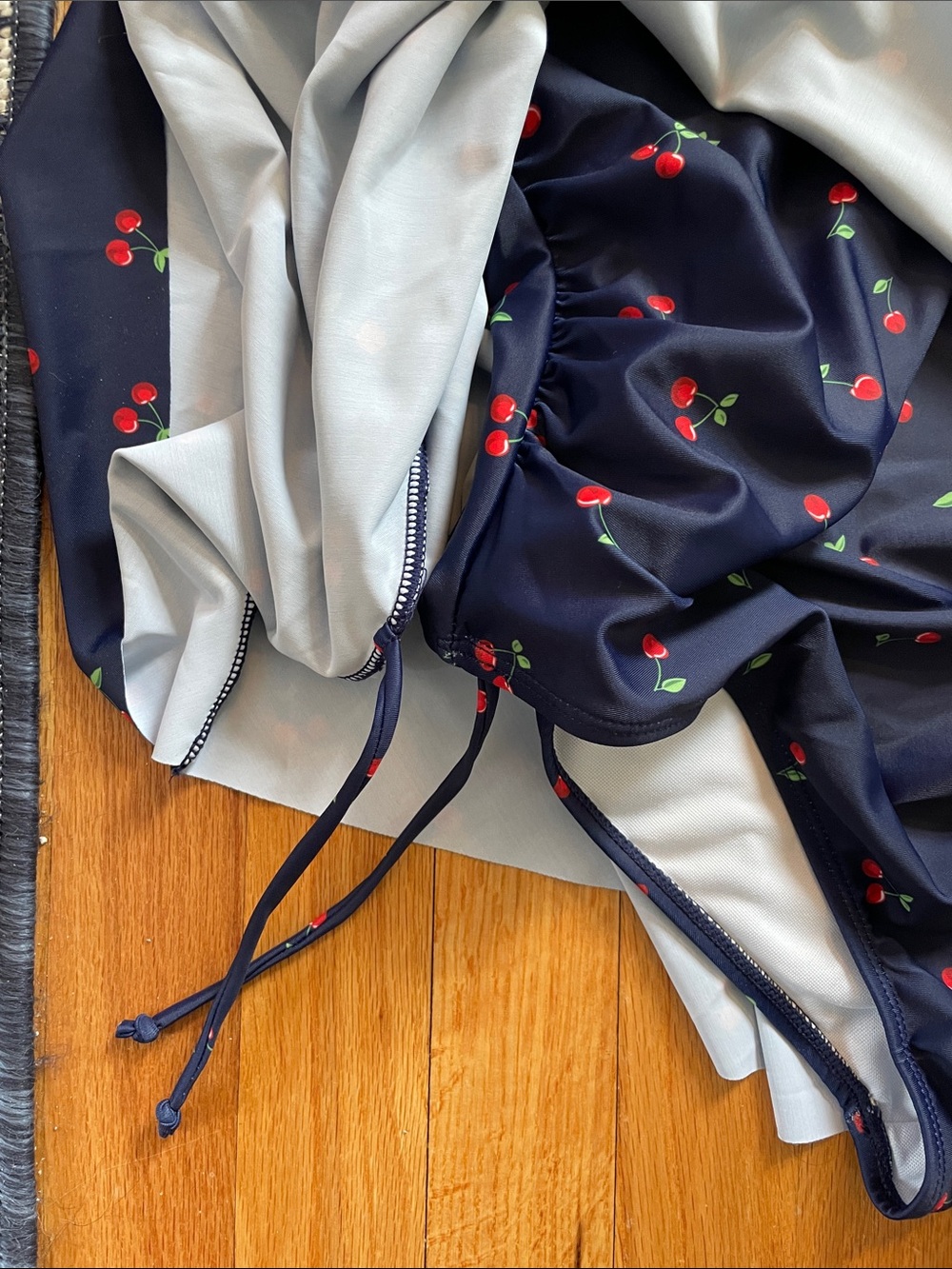 Navy Cherry Print Surplice Swim Dress with Red Trim - Picture 6 of 8